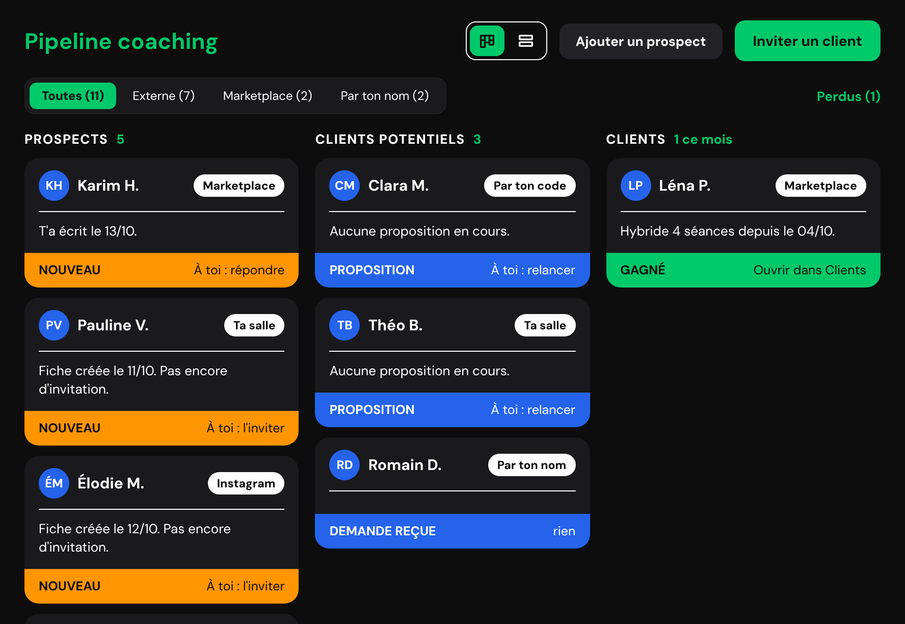 Le pipeline coaching : prospects, clients potentiels et clients, avec ce qui reste à faire pour chacun